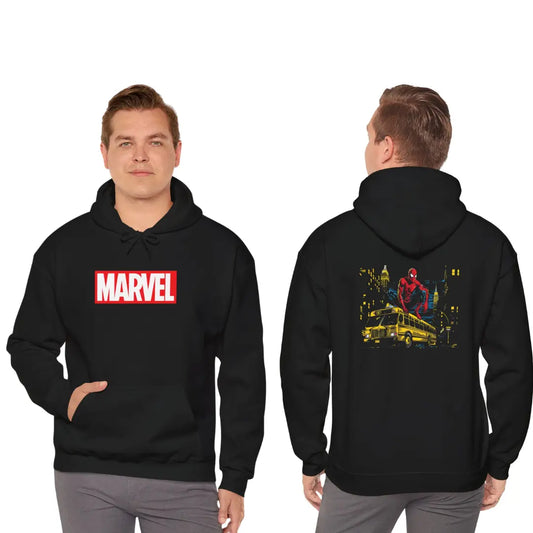 Swing into action with our Spiderman on Top of a Bus Black Hoodie! - Black Threadz