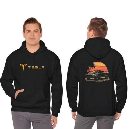 Tesla Cybertruck on a Beach - Black Hoodie for Electric Car Enthusiasts - Black Threadz