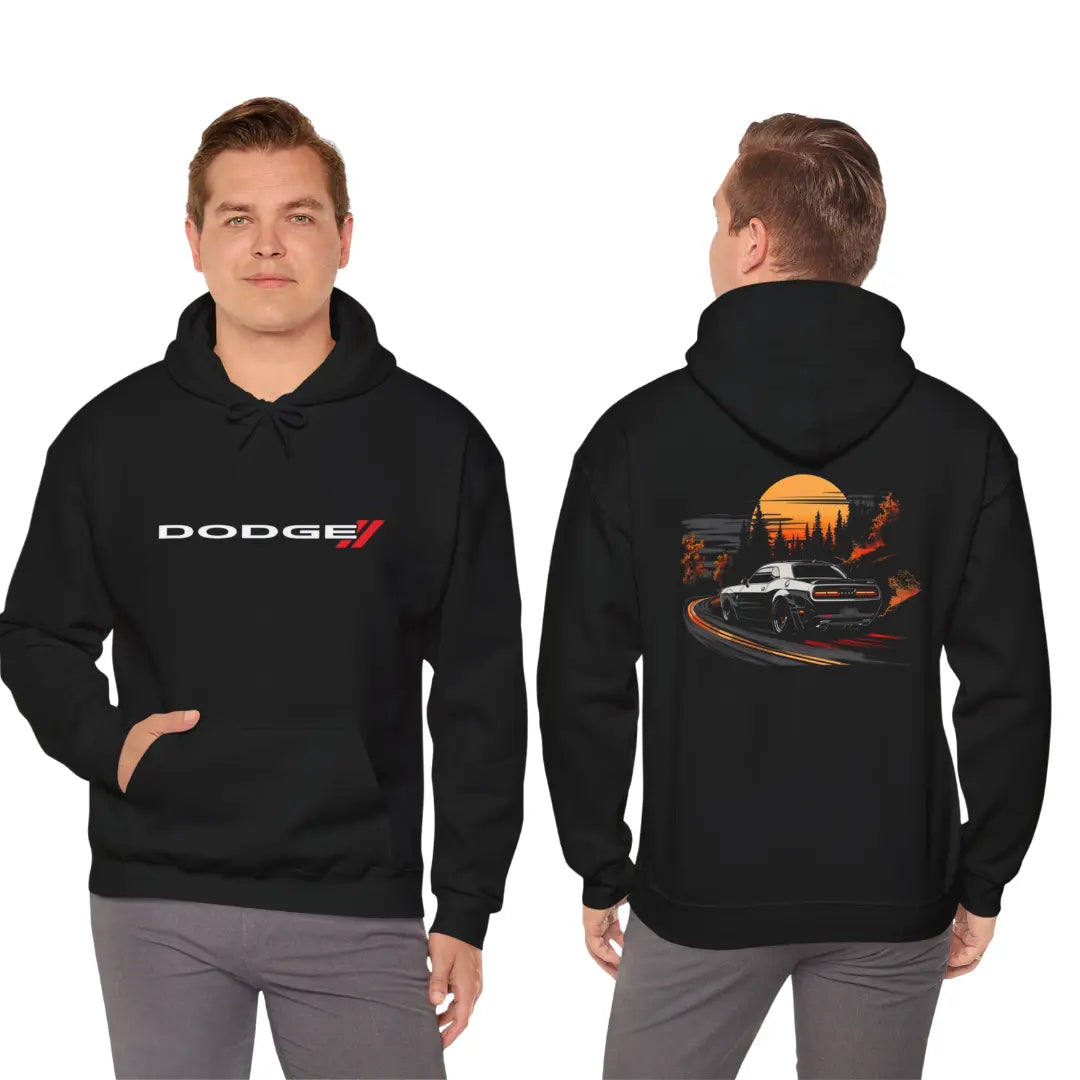 Drive into the Sunset with Our Dodge Challenger Black Hoodie - Black Threadz