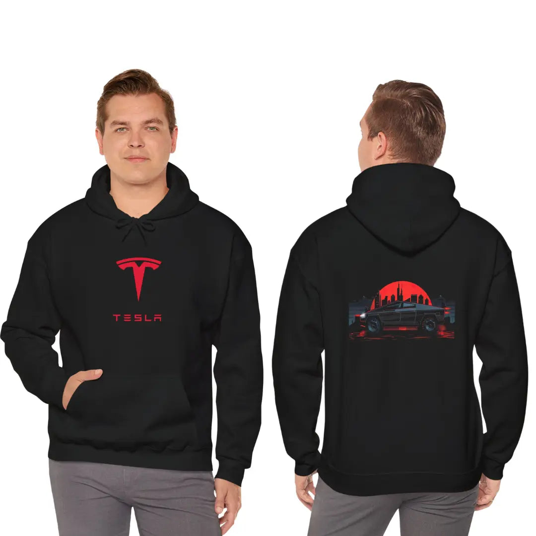 Tesla Cybertruck in Cityscape Black Hoodie: Urban Style Statement ...