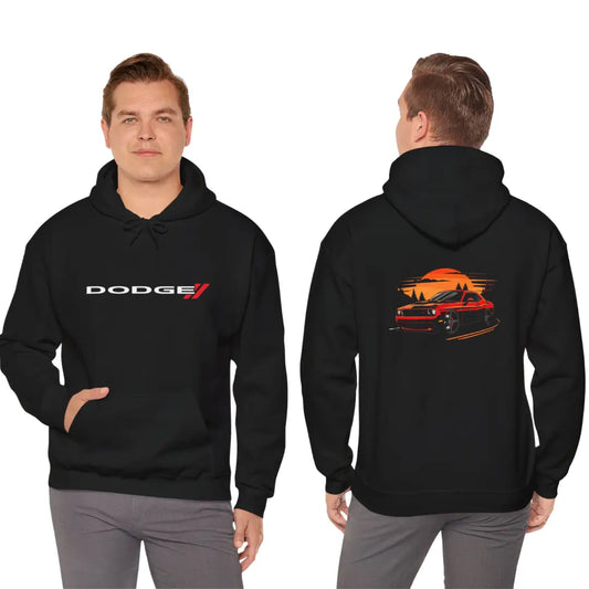 Red Dodge Challenger Sunset Drive Black Hoodie - Exclusive Design! - Black Threadz