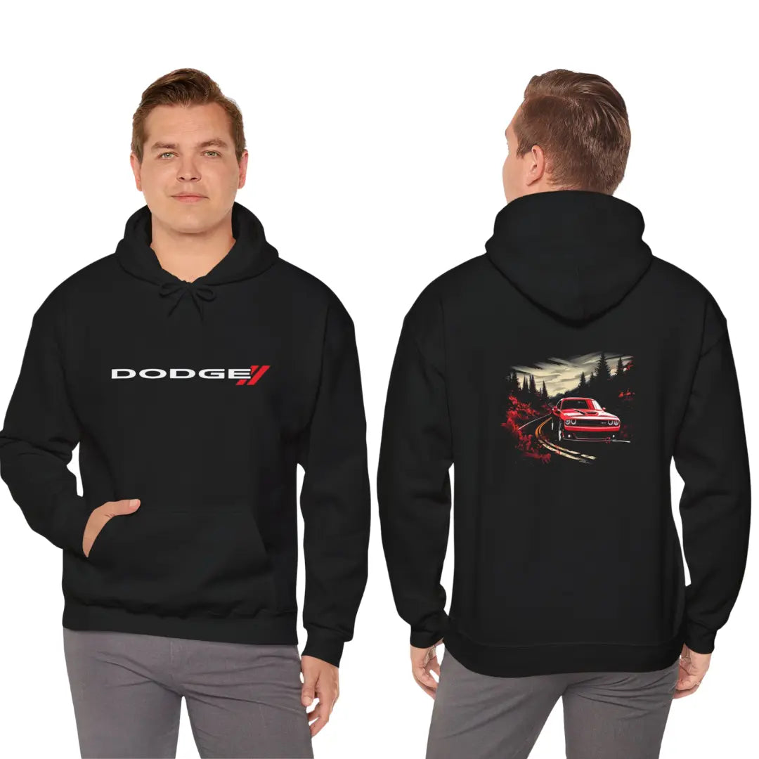 Red Dodge Challenger Countryside Drive Black Hoodie: Stand Out in Style! - Black Threadz