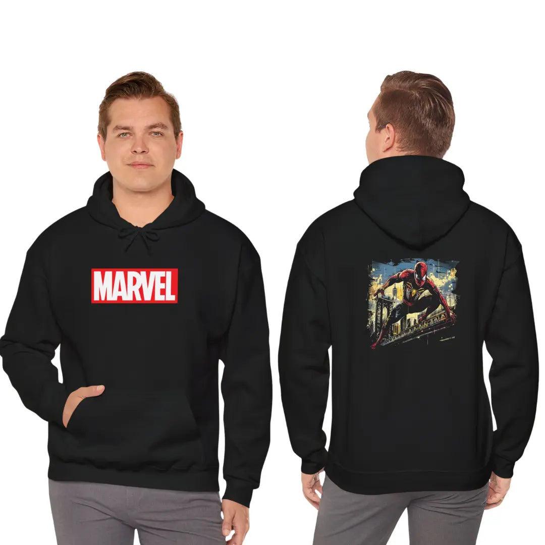 Spiderman Slinging Over a Bridge: Embrace Your Superhero Style with This Black Hoodie! - Black Threadz