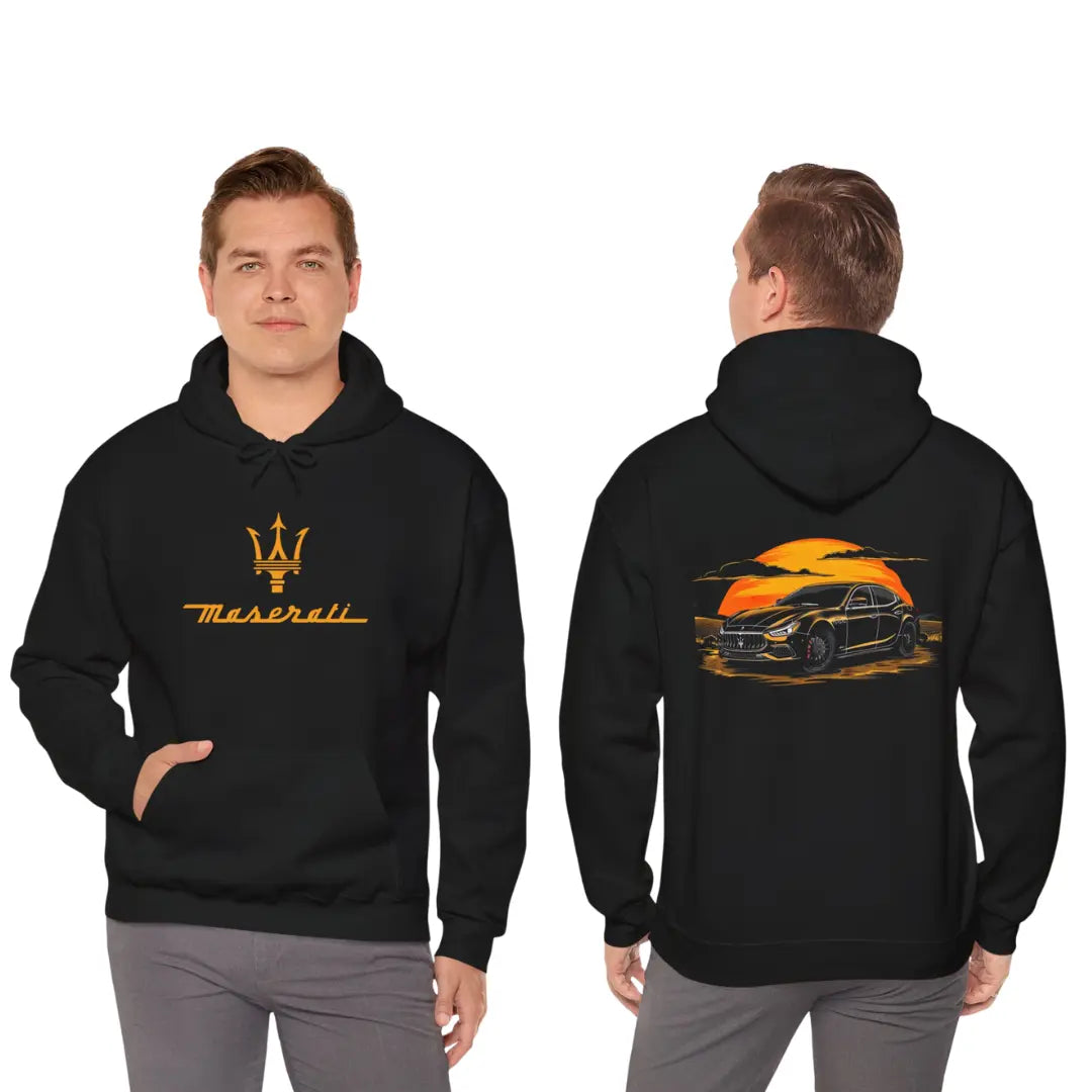 Sundown Elegance: Maserati Ghibli Sunset Road Black Hoodie - Black Threadz