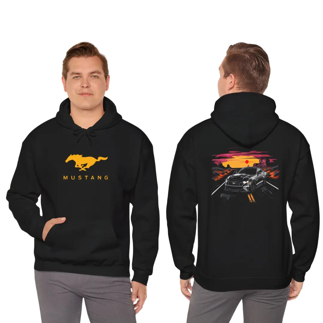 Iconic Drive: Black Ford Mustang Roadside Black Hoodie - Black Threadz