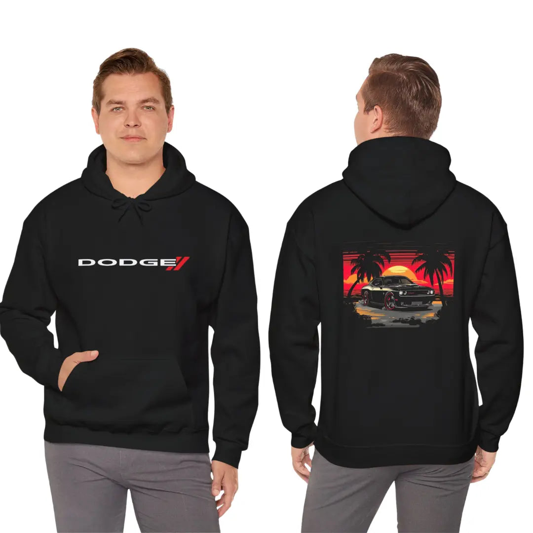 Embrace the Coastal Charm: Black Dodge Challenger on Beach Black Hoodie - Black Threadz