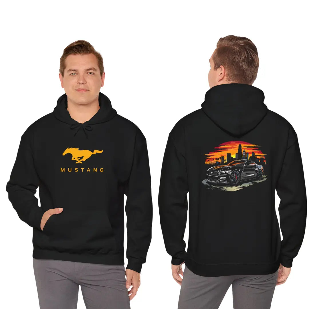 Urban Elegance: Black Ford Mustang in the City - Black Hoodie - Black Threadz