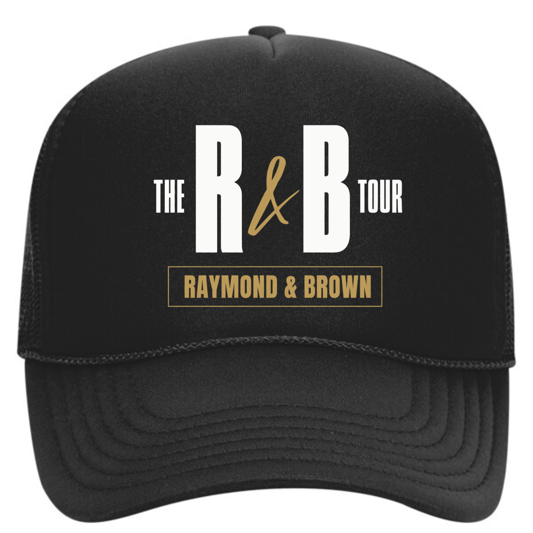 Adjustable black mesh snapback hat featuring The R&B Tour Raymond and Brown design for R&B fans