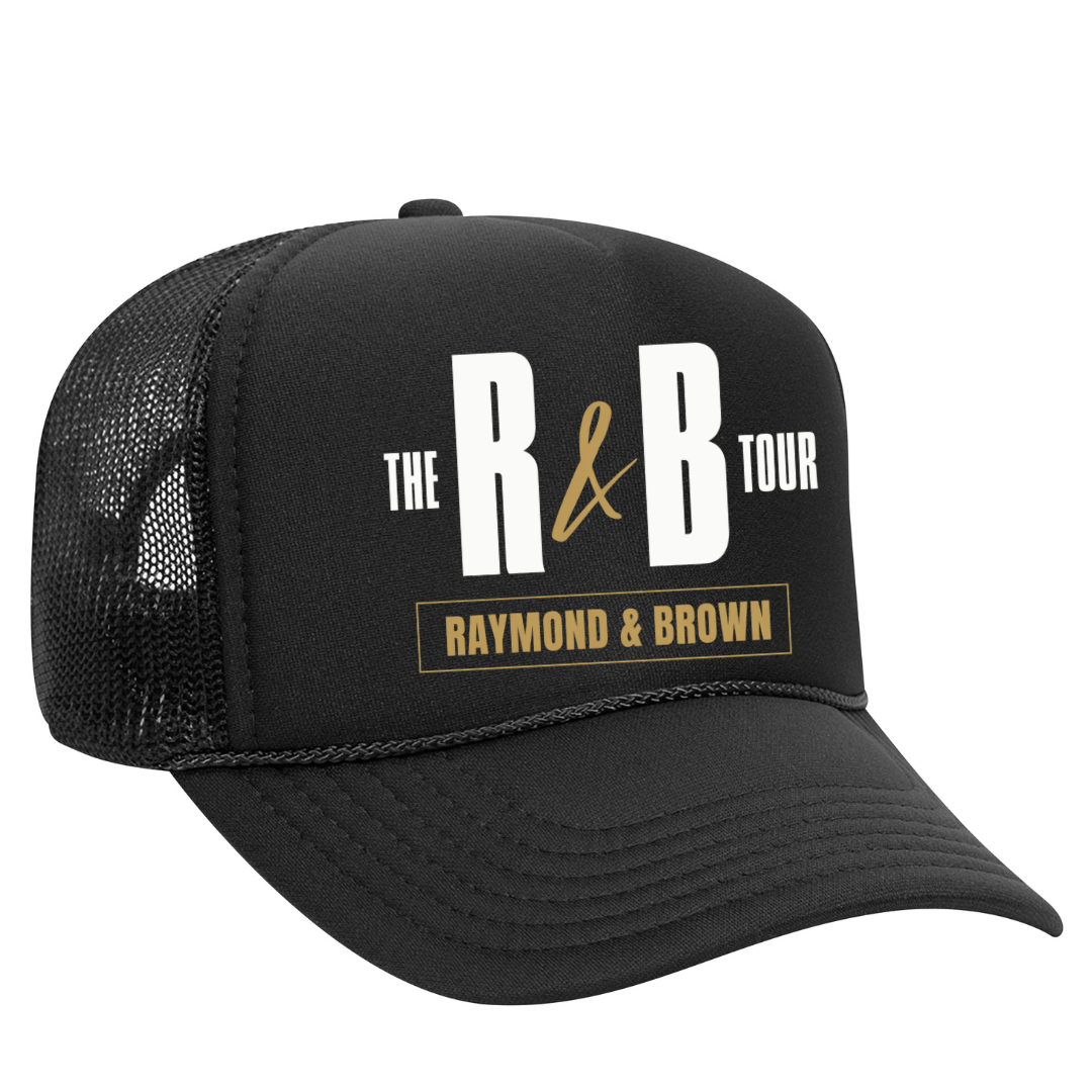 Black trucker hat snapback with R&B Tour Raymond and Brown text urban concert streetwear cap