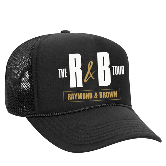Black trucker hat snapback with R&B Tour Raymond and Brown text urban concert streetwear cap